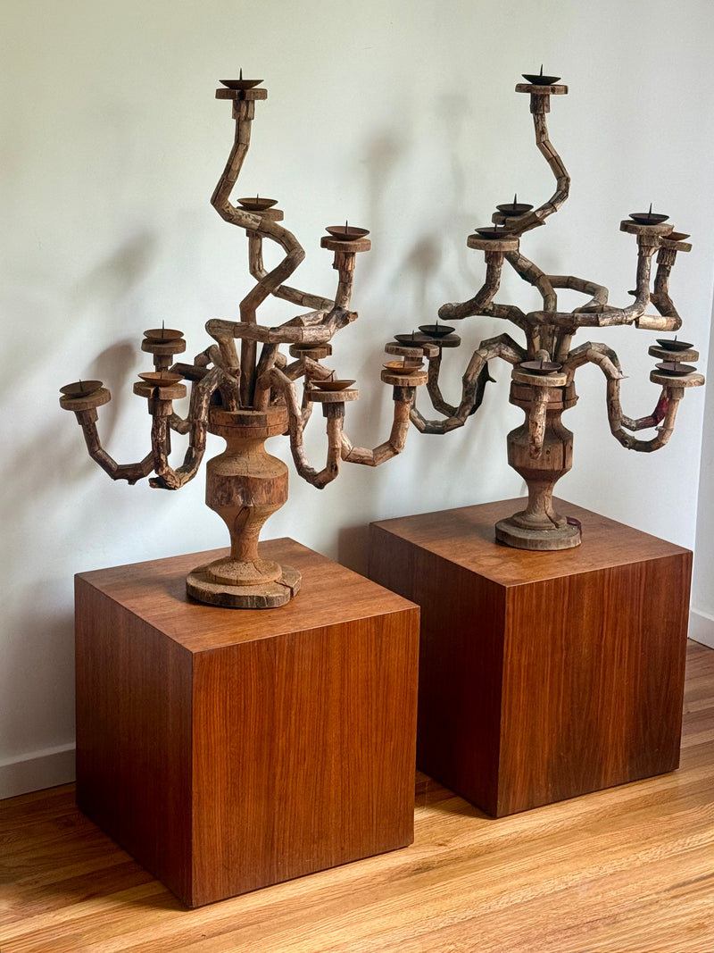 Pair of Handcrafted Folk Art Wood Candelabras